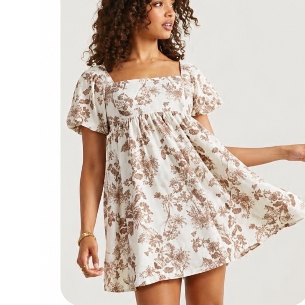 Altar'd State Brown Floral Babydoll Mini Dress Puff Sleeve Square Neck Small